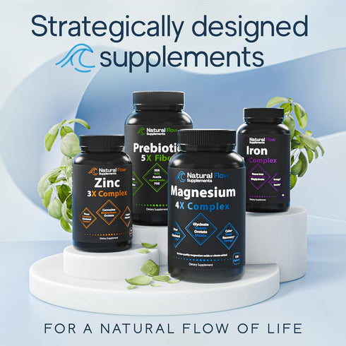 Natural Flow 4X Magnesium Supplement, 120 Capsules Magnesium Glycinate, Taurate, Malate, Orotate Complex for Calm Sleep