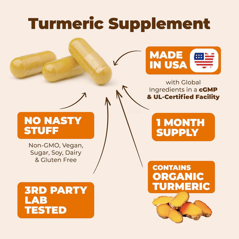 Turmeric Supplement with 65% Boswellia Extract Capsules - 60 Turmeric Curcumin Caps with Black Pepper, Organic