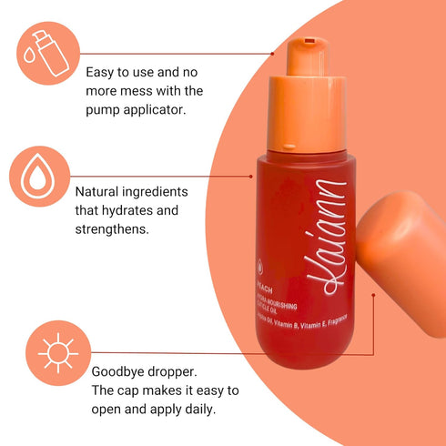 Nail & Cuticle Oil - Peach Scented, Jojoba Oil, Vitamin E + B, Fragrance, Cuticle Softener, Nail Strengthener - Pump