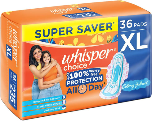WHISPER 36 100% 20% Choice Sanitary Pads, XL Pads, Upto Stain Protection All Day, Longer Length for Better Coverage