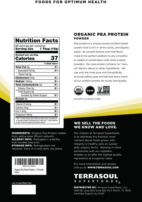 Terrasoul Superfoods Organic Pea Protein - 3 Pounds of Plant-Based Protein