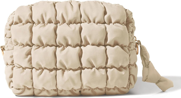 Quilted Makeup Bag, Travel Toiletry Bag for Women, Cute Puffer Makeup Organizer (M, Beige)