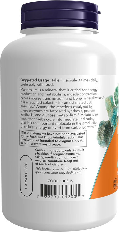 NOW Foods Magnesium Malate Caps - 95 mg Elemental Magnesium for Nervous System Support, 180 Veg Capsules