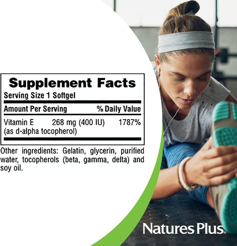 NaturesPlus Vitamin E 400 iu Mixed D-Tocopherol, 60 Softgels, Gluten-Free, Easy to Swallow