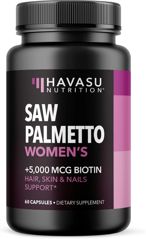 Saw Palmetto for Women + 5000 mcg Biotin Supplement, DHT Blocker for Hair Health, Month Supply Vegan Women's Vitamins