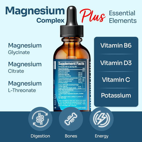 Triple Complex Magnesium 4 oz Liquid Drops - Advanced Magnesium Citrate, Glycinate, L-threonate with Vitamins B6, D, C