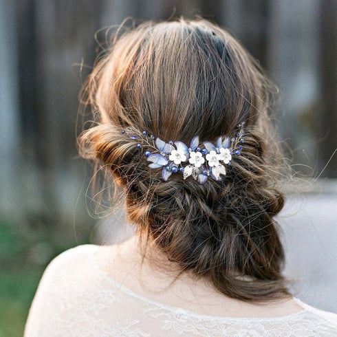 Unicra Butterfly Bride Wedding Hair Vine, Blue Pearl Bridal Hair Piece, Rhinestone Headband for Women