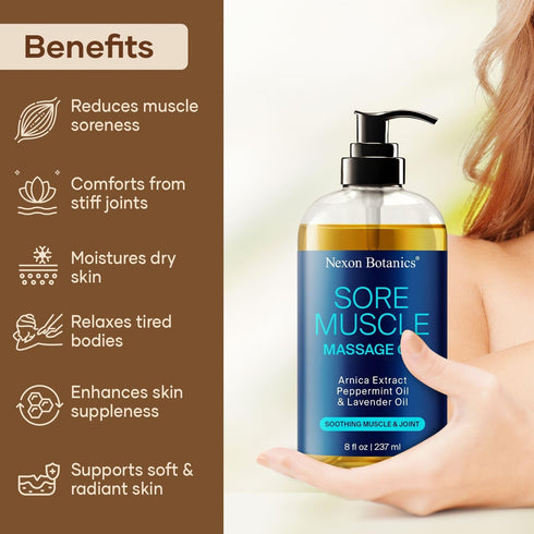 Sore Muscle Massage Oil 8 fl oz - Body Massage Oil with Peppermint, Lavender, Arnica for Pain Relief and Relaxation