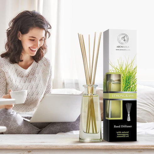 Lemongrass Diffuser with 3.4 Fl Oz Lemongrass Oil, Scented Reed Diffuser Gift Set for Aromatherapy, 0% Alcohol