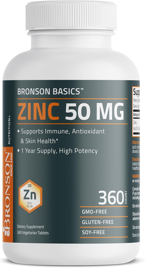 Bronson Zinc 50 MG High Potency, One Year Supply, Supports Immune, Antioxidant & Skin Health, Non-GMO, 360 Tablets