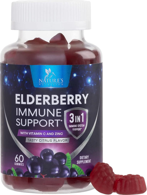 Sambucus Elderberry Immune Support Gummies - Elderberry Extract Gummy with Vitamins C, D3, Zinc, 60 Gummies