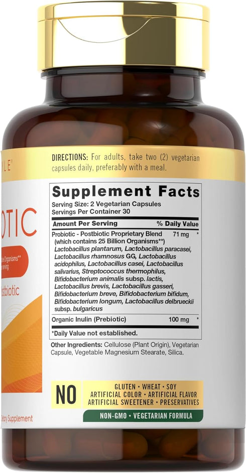 Carlyle Prebiotic & Probiotic | 25 Billion CFU | 60 Capsules | for Women & Men | Powder Pills | Vegetarian, Non-GMO & Gluten Free Supplement