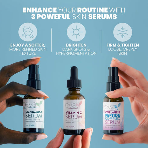 Natural Firm & Glow Skincare Set of 3 Serums – Skin Care Products With 20% Vitamin C Serum, Peptide Complex Serum, Niacinamide Vitamin B3 Serum - Peptides Serum for Face - Face Serum by Eva Naturals