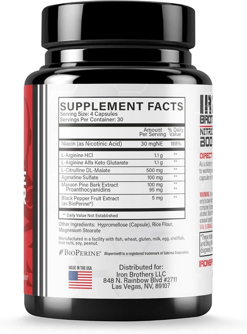 Iron Brothers Supplements Nitric Oxide Booster | Extra Strength Pumps Supplements | Pre-Workout with L-Arginine |