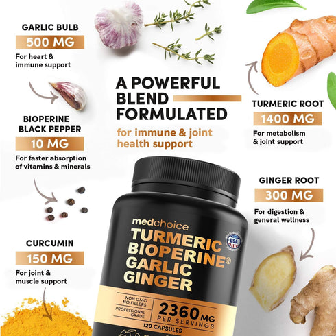 4-in-1 Turmeric and Garlic Supplements with Bioperine 2360 mg (240 ct) - Turmeric Curcumin with Black Pepper for Joint,