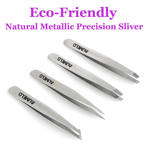 Tweezers Set 4-Piece Professional Stainless Steel - Gift with Travel Case by Aumelo, Best Precision Eyebrow Tweezer