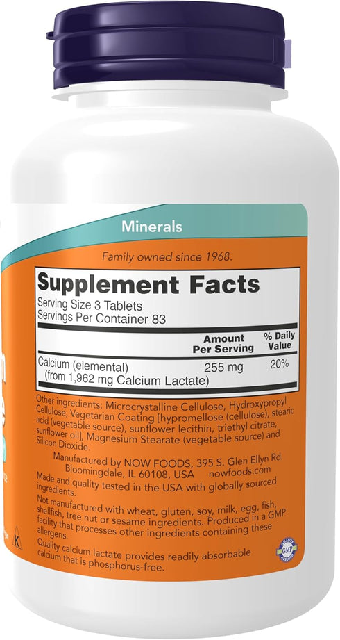NOW Supplements, Calcium Lactate, Supports Bone Health, Easy to Swallow Tablet, 250 Tablets