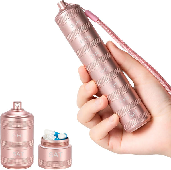 Portable Waterproof Metal Pill Organizer - Compact Travel Pill Box, 7 Day Daily Holder for Small Pills, Aluminum Alloy,