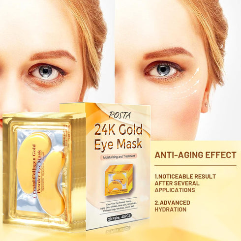 POSTA 24K Gold Eye Mask, 20 Pairs Under Eye Treatment Mask for Puffy Eyes and Dark Circles