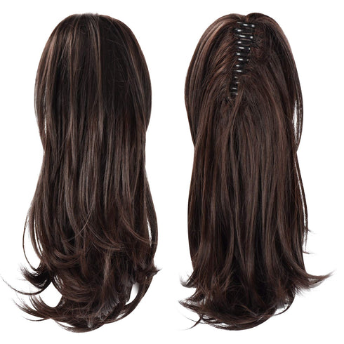 Sofeiyan 13" Ponytail Extension, Long Curly Clip in Claw Hair Extension for Women, Dark Brown & Dark Auburn Mixed
