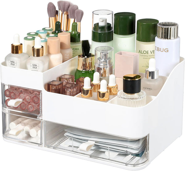 Large Capacity Makeup Organizer for Vanity, Plastic White Countertop Storage with Clear 3 Drawers for Brushes and