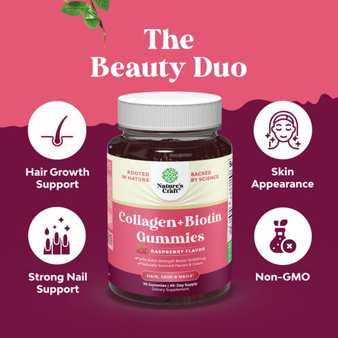 Hair Skin and Nails Gummies for Women, 45 Days, Extra Strength Biotin and Collagen, Non-GMO Kosher