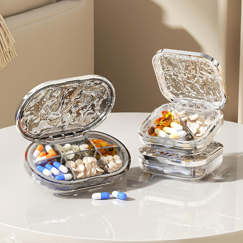 Rylynn (4 Stylish Pill Organizer Crytal Clear, Waterproof Pill Case for Daily Vitamins, Medicine, Supplements, Travel