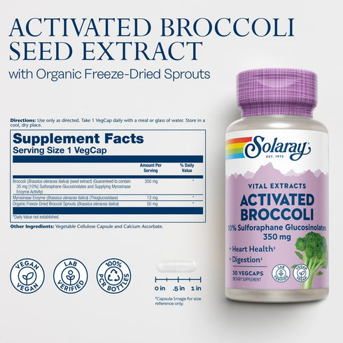SOLARAY Activated Broccoli Seed Extract 350 mg, 10% Sulforaphane Glucosinolates, 30 VegCaps for Antioxidant Support and