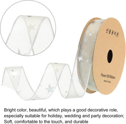MECCANIXITY 1 Inch Wide Star Organza Sheer Wired Ribbon, 20 Yard Cream White for Gift Wrapping, Bow, Wedding