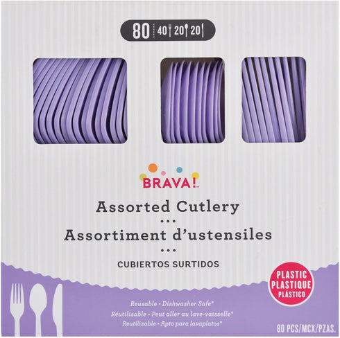 Pack 80 Reusable Lavender Plastic Cutlery Assortment - of (Forks, Knives, Spoons) - Perfect for Parties, Picnics