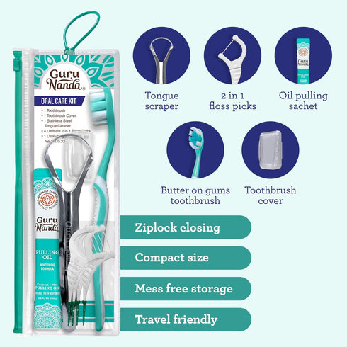 GuruNanda Travel-Friendly Oral Care Kit - 1 Butter on Gums Toothbrush, 1 Tongue Scraper, 4 Floss Picks, 1 Oil Pulling