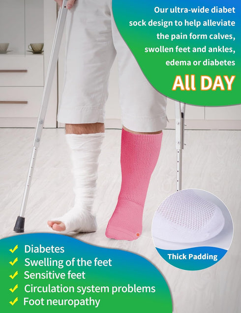 Powbrace 2 Pairs Wide Diabetic Socks for Swollen Feet, Lymphedema Socks,Non-Binding Socks,Diabetic Socks for Men