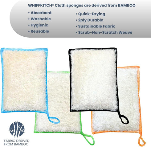 Whiffkitch Bamboo Fiber Kitchen Sponges, Washable Non Scratch Dish Sponge Set for Dishes & Countertops, 4-Pack