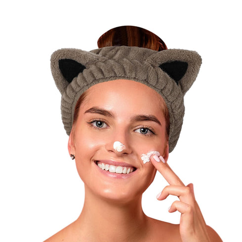 Cat Ear Brown Facial Spa Headband, Cosmetic Makeup Headband for Washing Face Skincare