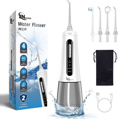 JNGOODS Cordless Water Dental Flosser, 300ml Rechargeable Oral Irrigator for Teeth, IPX7 Waterproof, 4 Modes, 4 Jet