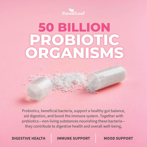 ForestLeaf Womens Probiotic 50 Billion CFU with Organic Prebiotics, Digestive Enzymes, Cranberry & D-Mannose (30 Caps)