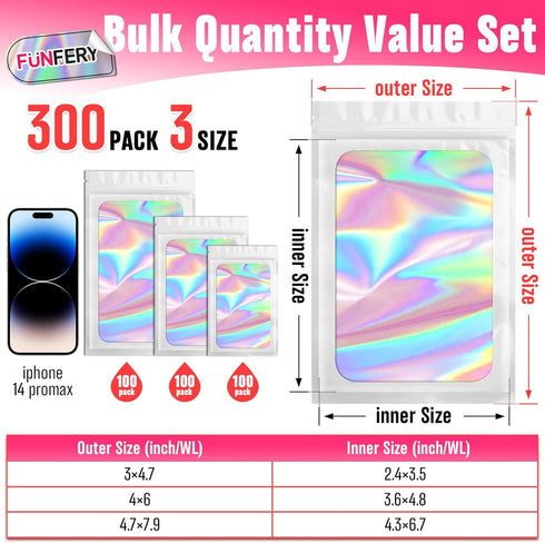 Funfery 300 Pack 3 Size Mylar Holographic Bags with Clear Window,Resealable Bags Smell Proof Bags Zipper Foil Bags Packaging Pouch for Food Storage,Sample,Small Business(White,3x4.7,4x6,4.7x7.9in)