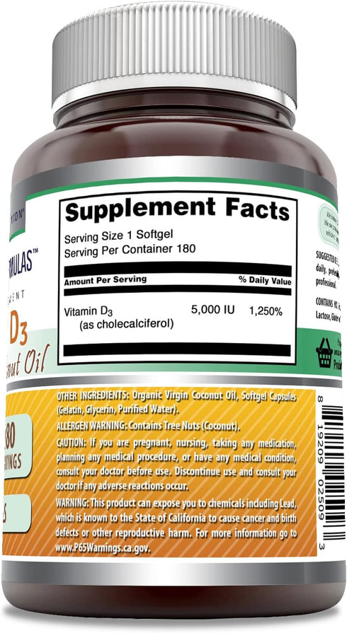 Amazing Formulas Vitamin D3 with Coconut Oil Supplement | 5000 IU Per Serving | 180 Softgels | Non-GMO, Gluten Free