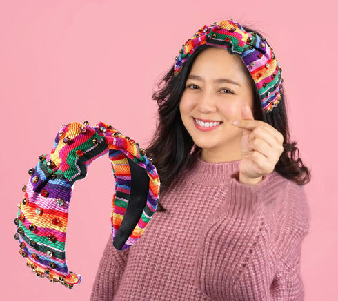 HEIDKRUEGER Knot Headband, Mexican Embroidered Fiesta Hair Accessories with Colorful Rhinestones
