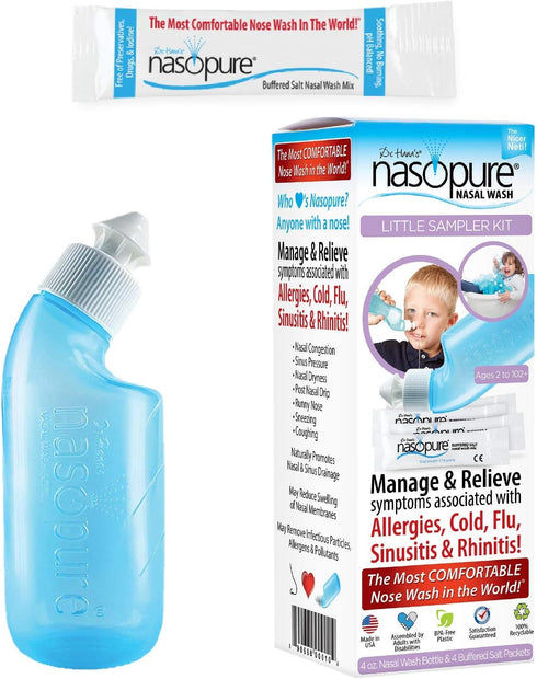 Nasopure Nasal Wash Little Sampler Kit, Comfortable Nasal Rinse, 4 Oz Bottle & 4 Salt Packets