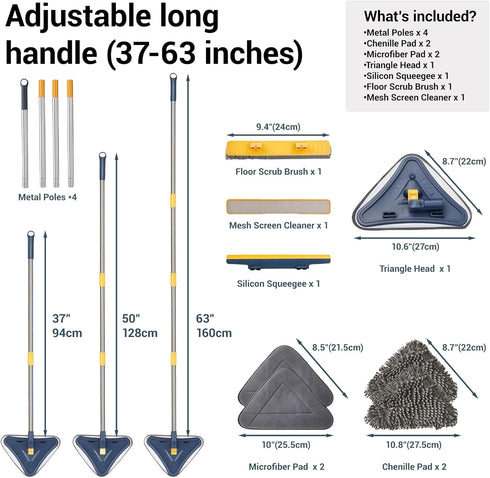 YURIGO Kozeedom 7-in-1 Set 7 Wall Cleaner, Triangle Mop with Replaceable Heads and Adjustable Long Handle for Walls