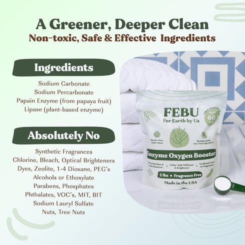 FEBU Enzyme Oxygen Laundry Booster - Fragrance Free, 2lbs, Natural Stain Remover, Plant-Based