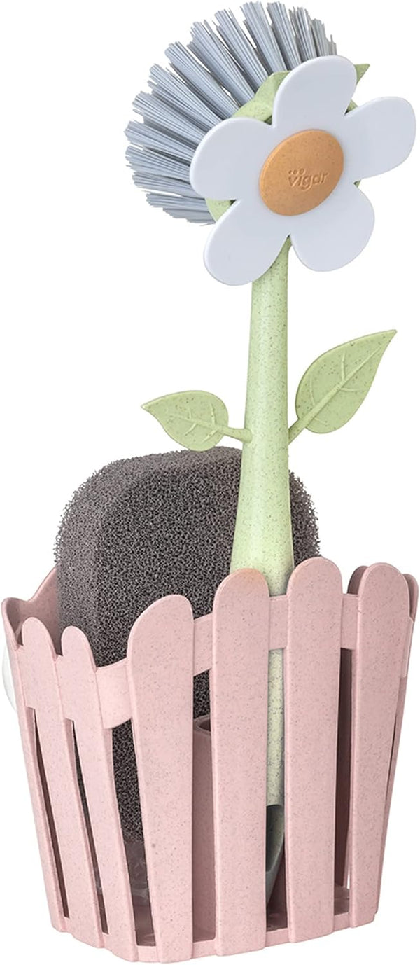 Vigar Florganic 3-Piece Sink Caddy Set, Eco-Friendly Daisy-Shaped Dish Brush, Sponge & Holder with Suction Cup (Pink)