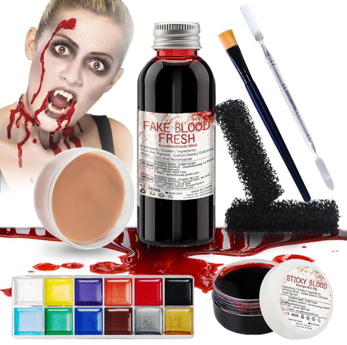 Special Effects SFX Halloween Makeup Kit - Fake Blood, Coagulated Blood Gel, 12 Colors Bruise Makeup Palette with Brush