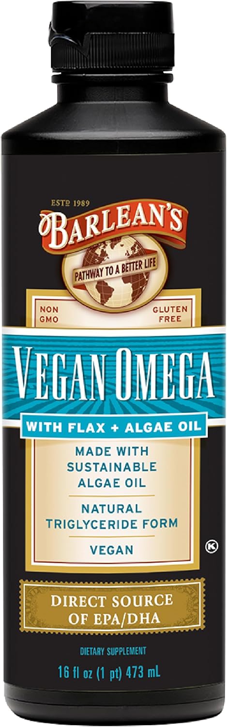 Barlean's Vegan Omega Liquid Flax and Algae Oil Supplement, Plant Based EPA DHA from Algal Oil and Organic Flaxseed, 16