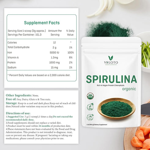 Spirulina Powder Organic: Superfood Powder for Immune Support, Natural Antioxidants & Vitamins, 1 Pound