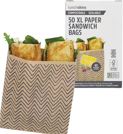 Lunchskins Compostable Food Storage XL Sandwich Bags, Chevron Design, 50 Bags - Eco-Friendly, PFAS and BPA Free