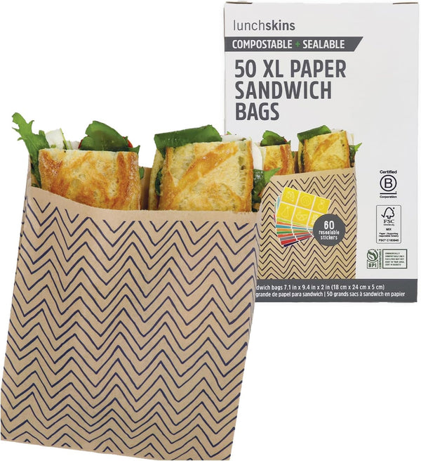 Lunchskins Compostable Food Storage XL Sandwich Bags, Chevron Design, 50 Bags - Eco-Friendly, PFAS and BPA Free