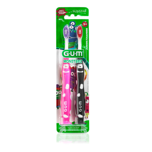 GUM Monsterz Jr Kids’ Toothbrush, Soft Bristled with Suction Cup, For Ages 5+, 2ct