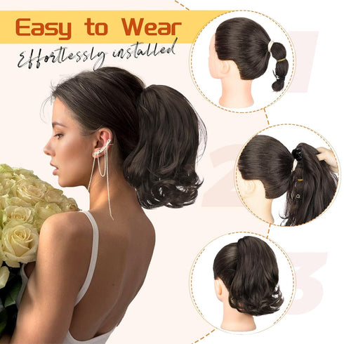 KooKaStyle Ponytail Extension, 10" Short Claw Clip in Curly Wavy Synthetic Ponytail Hair Pieces, Dark Brown